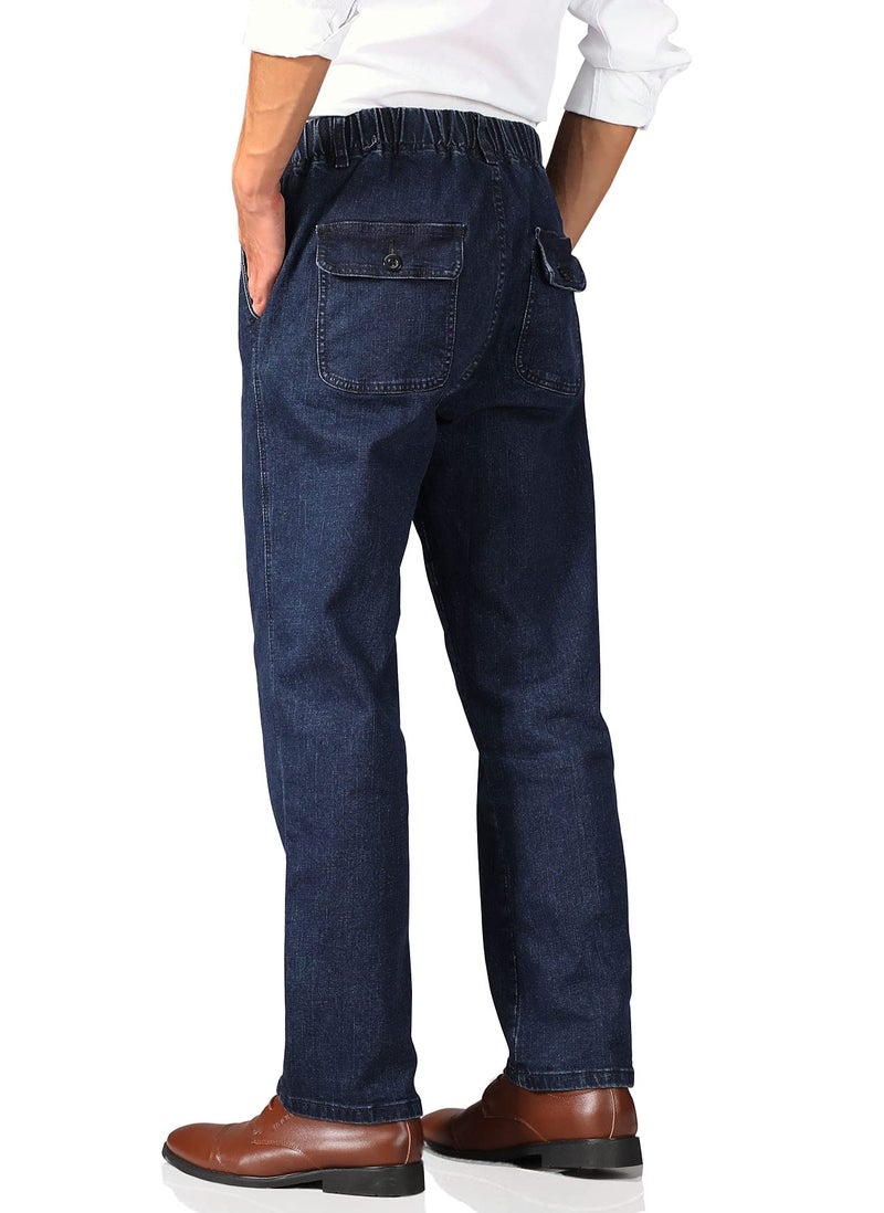 Soojun Mens Casual Loose Fit Elastic Waist Denim Pants, Deep Blue, 38W x 30L - Image 4